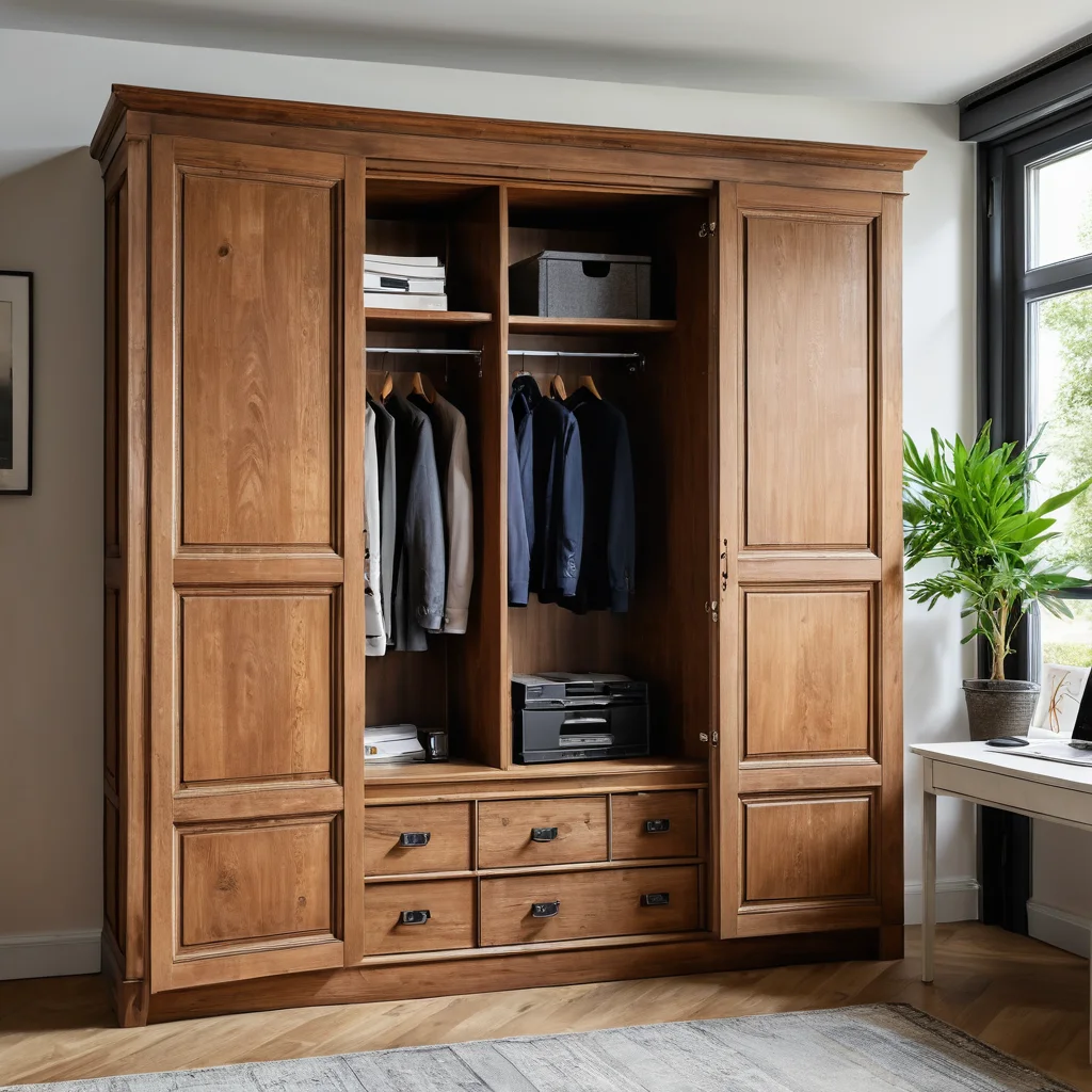 Изображение, демонстрирующее впечатляющее преображение старого, ветхого шкафа в современный функциональный шедевр своими руками, готовый стать рабочим местом или мини-гардеробной.