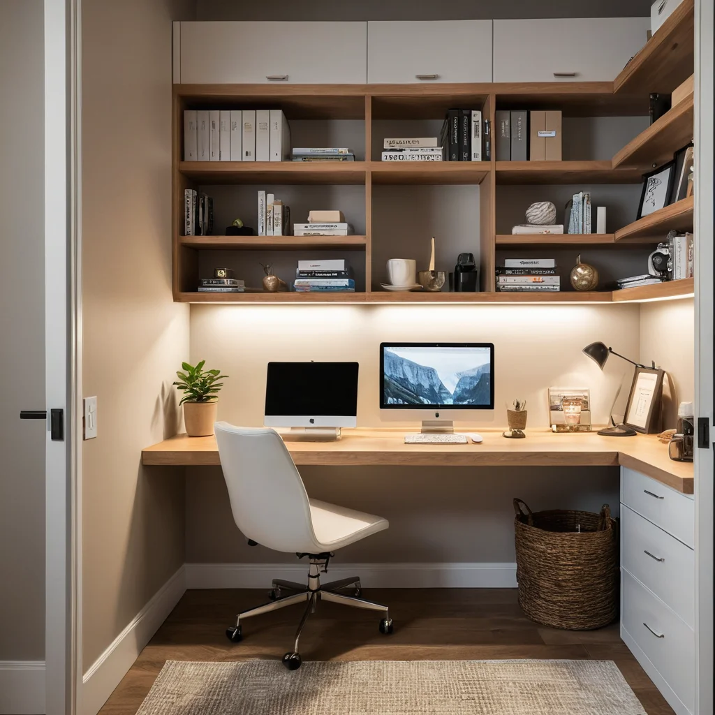 Уютный мини-офис, искусно созданный внутри старого шкафа: внутри скрытый стол, ноутбук, полки для книг и канцелярии, обеспечивающий компактное и продуктивное рабочее место.