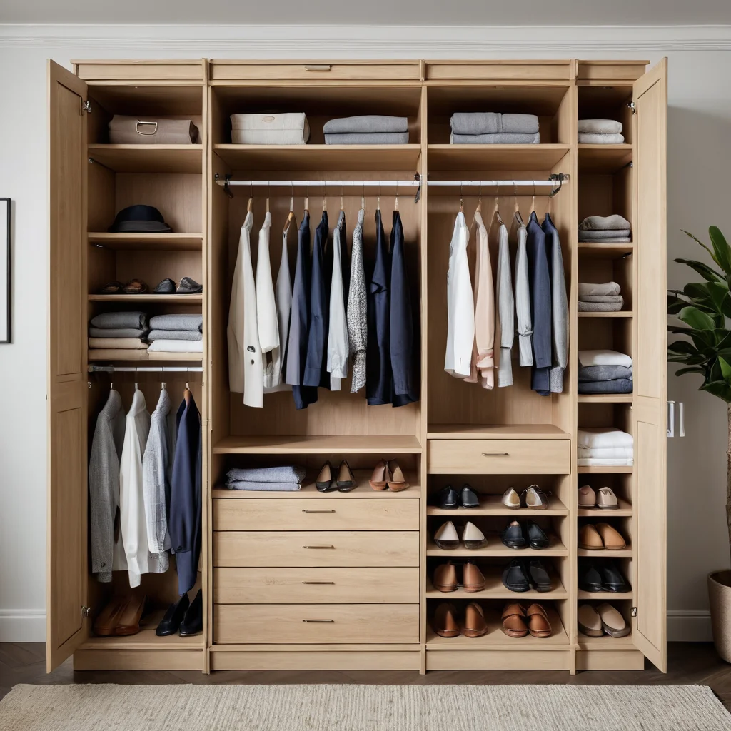 Умная мини-гардеробная, организованная внутри шкафа: продуманная система хранения с полками, штангами и ящиками, максимально использующая каждый сантиметр для размещения одежды и аксессуаров.