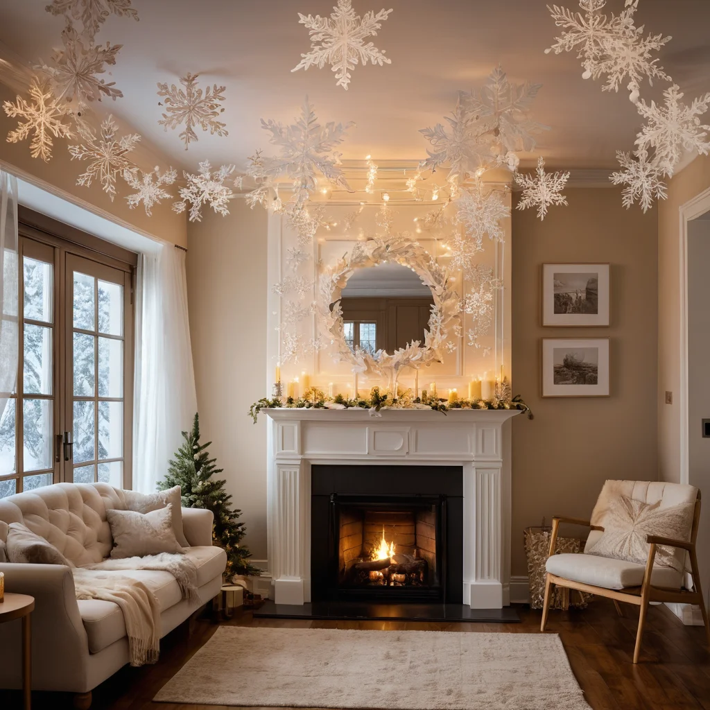 Праздничный интерьер гостиной, украшенный бумажными снежинками, развешанными на окнах, под потолком и на каминной полке, предлагающий креативные идеи для размещения снежинок в домашнем декоре.