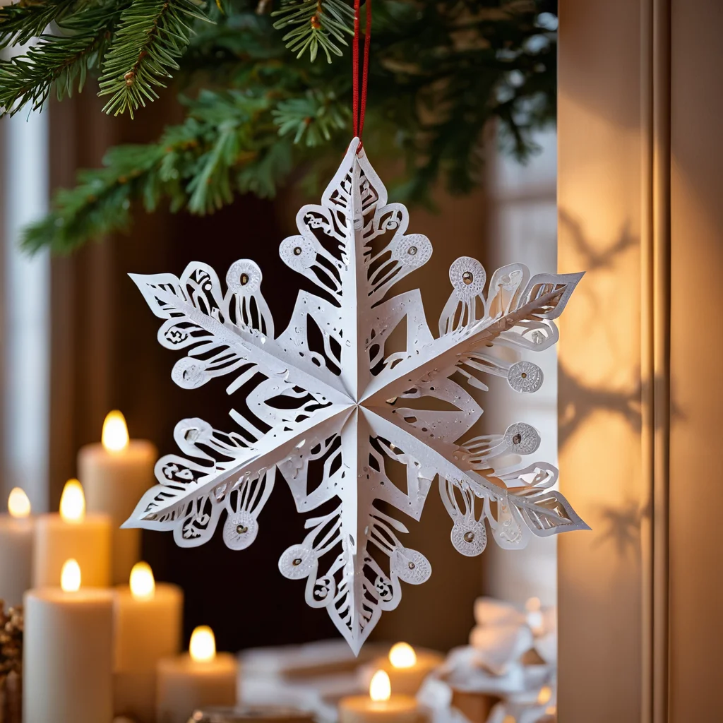 Изящная ажурная бумажная снежинка со сложными, тонкими узорами, демонстрирующая искусство вырезки и креативность, подходящая для уникального декора и праздничной атмосферы.