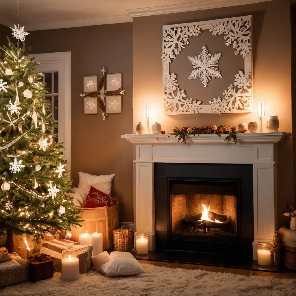 Уютная гостиная, украшенная нежными бумажными снежинками, развешанными на елке и окнах, создающая сказочную зимнюю атмосферу для домашнего декора своими руками.