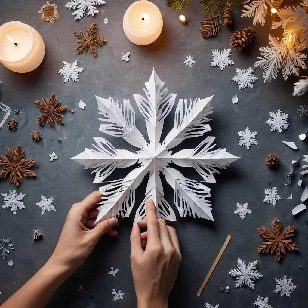 Процесс сборки объемной 3D-снежинки, где видны руки, аккуратно соединяющие детали, создавая живую и впечатляющую форму, как в подробном мастер-классе по созданию объемных снежинок.