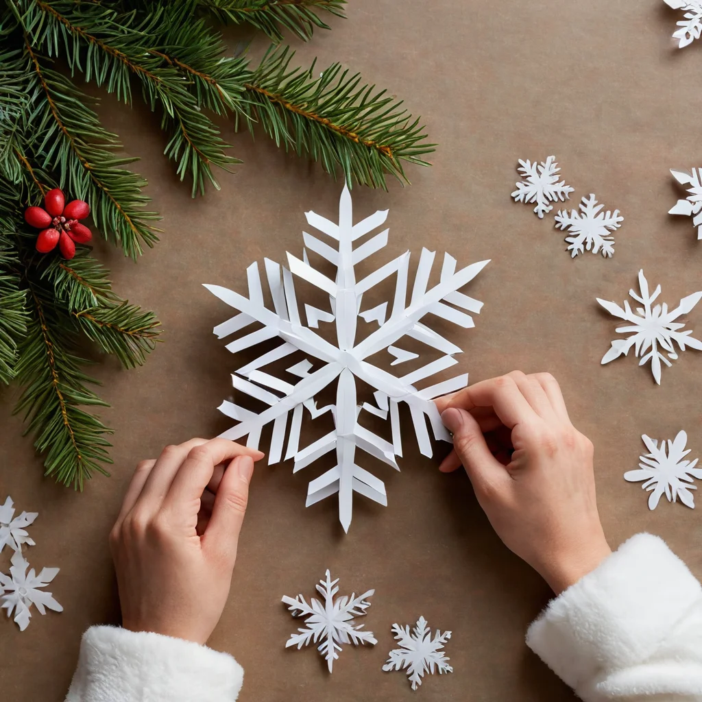 Крупный план рук, вырезающих простую бумажную снежинку по пошаговой инструкции, с использованием ножниц и сложенной бумаги, идеально подходящей для начинающих и создания легких узоров.