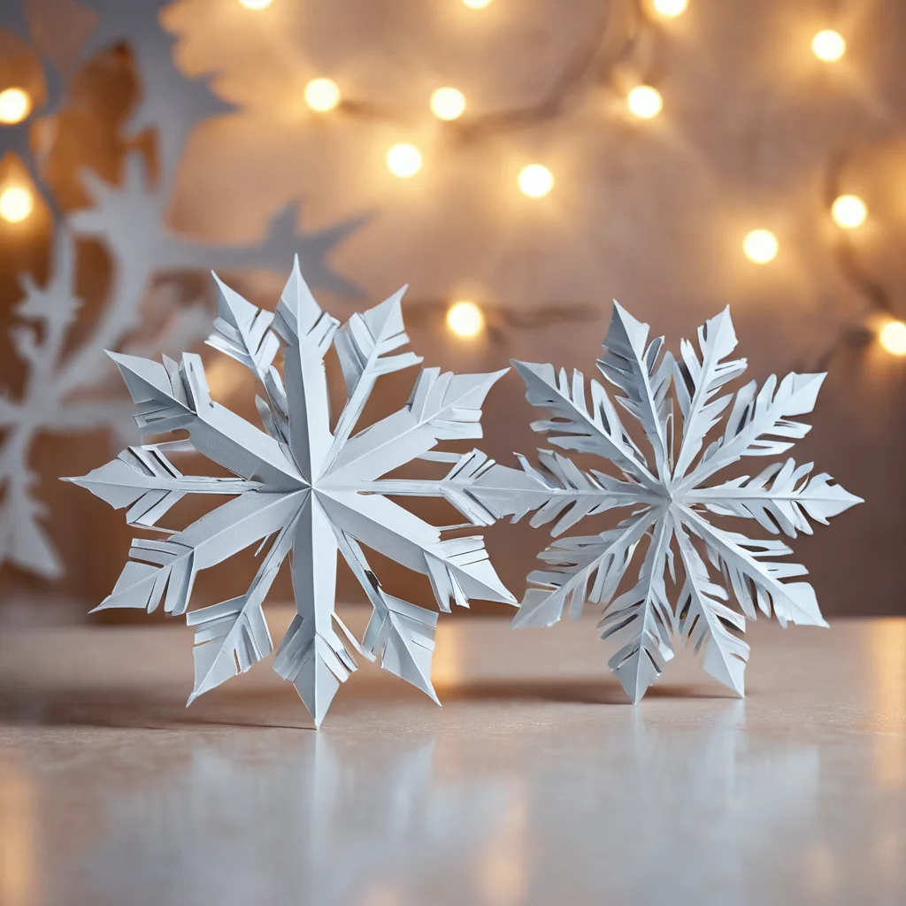 Две бумажные снежинки рядом: одна с мелкими ошибками (неровные края, несимметричные разрезы), другая — идеальная, иллюстрирующая типичные ошибки при создании снежинок и как их избежать для лучшего результата.