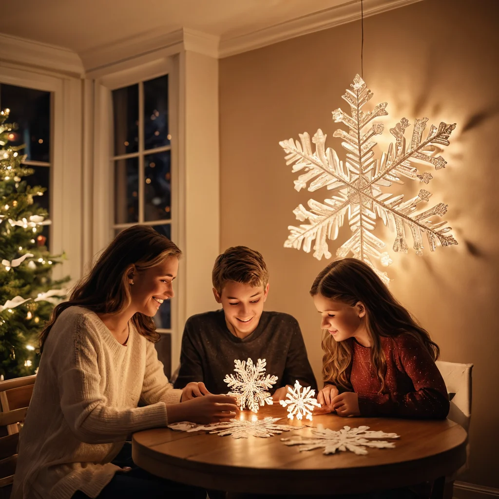 Семья любуется красивыми бумажными снежинками, украшающими их уютный дом, создавая зимнюю сказку и вдохновляя на творчество и рукоделие своими руками, привнося уют в домашний декор.