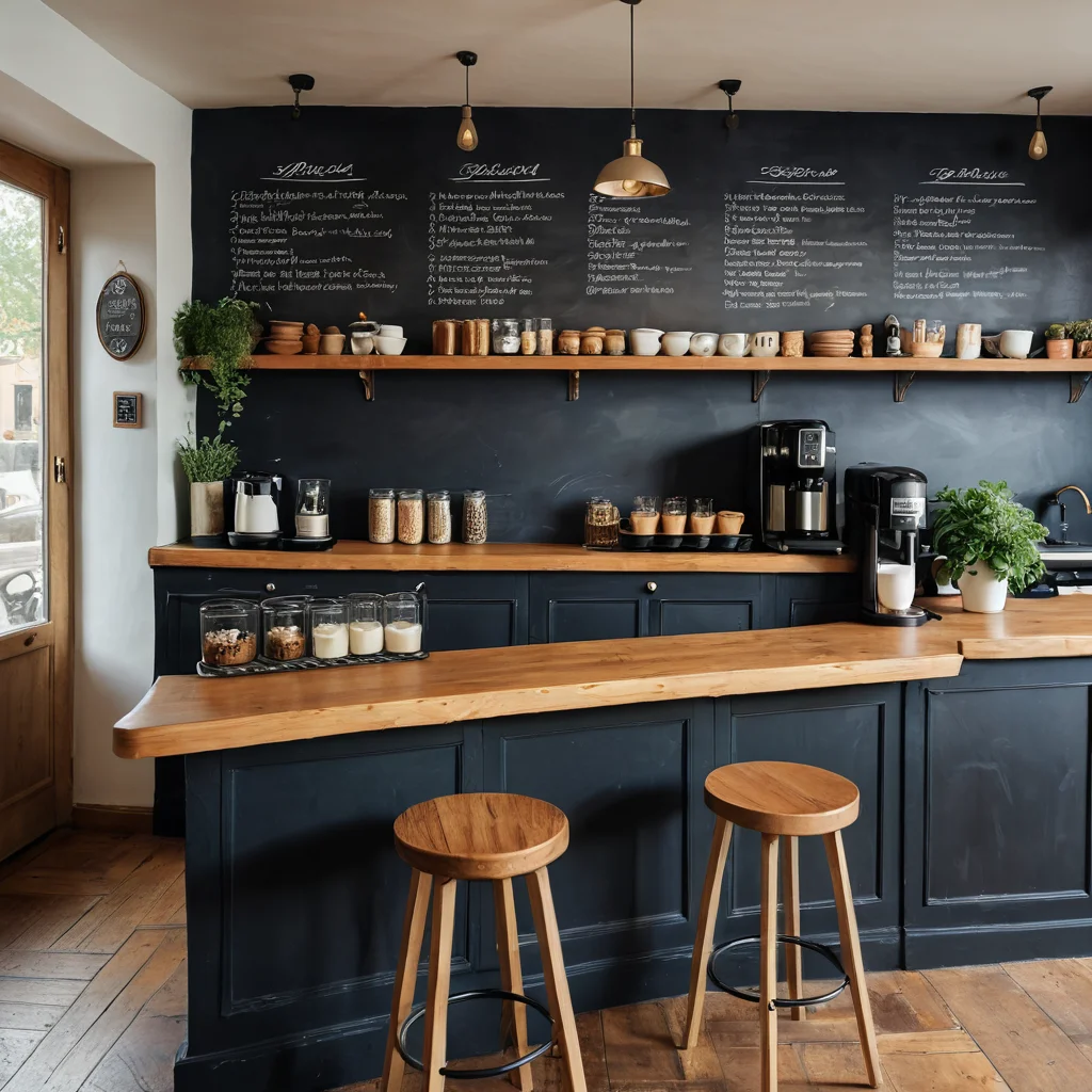 Кухонный прилавок с кофемашиной, винтажным декором, меню на грифельной доске и барными стульями, создающими атмосферу кофейни на кухне.