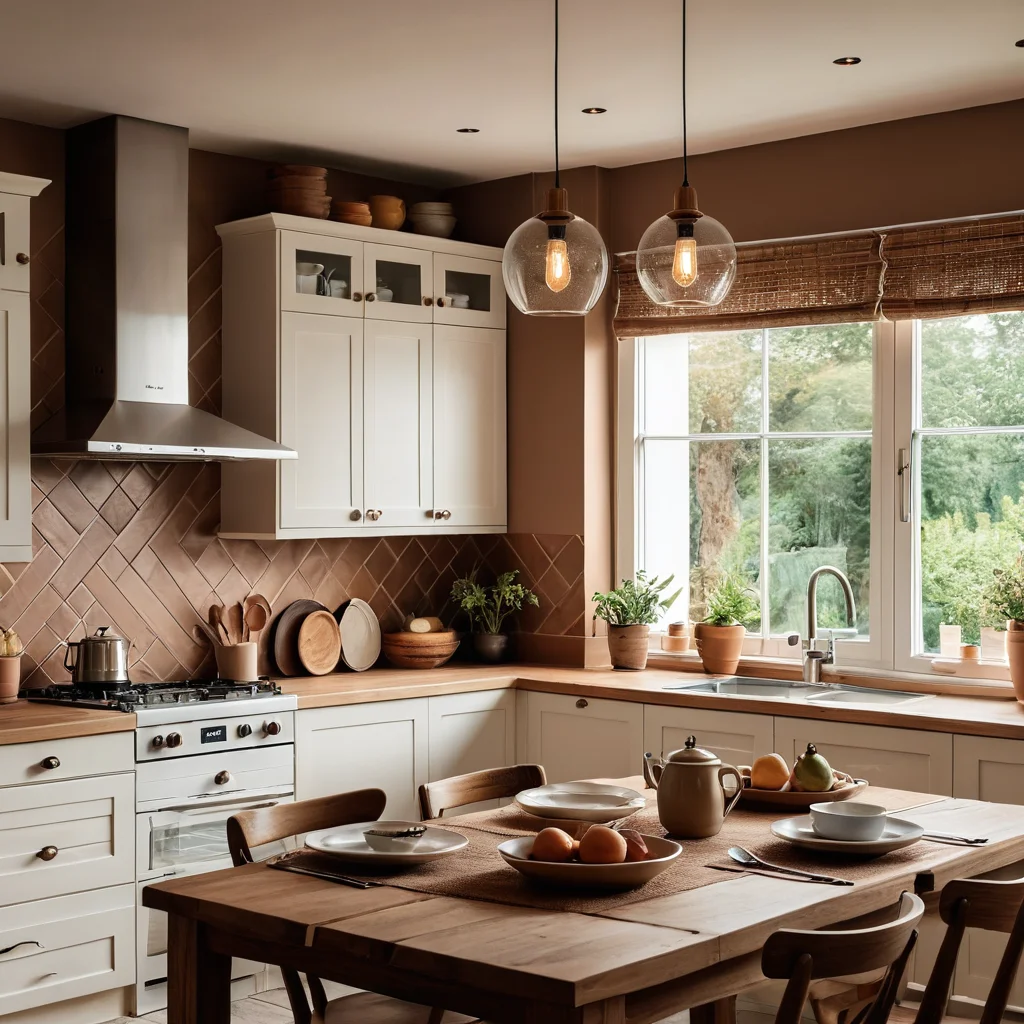 Кухня с теплой цветовой палитрой, включающей землистые тона, кофейный коричневый, кремовый и деревянные акценты, создающая вдохновляющую атмосферу.