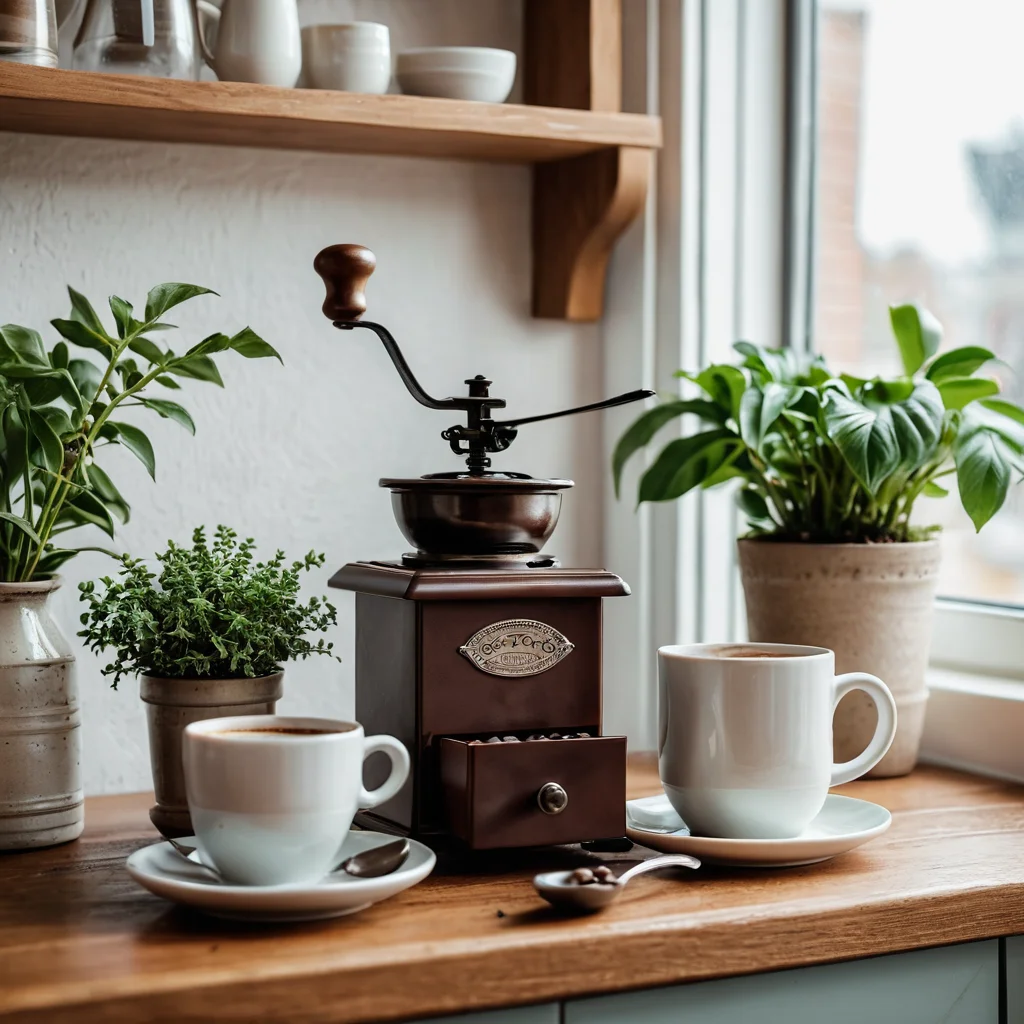 Детали кухни в стиле кофейни: керамические кофейные чашки, винтажная кофемолка, маленькие растения и декоративные ложки.