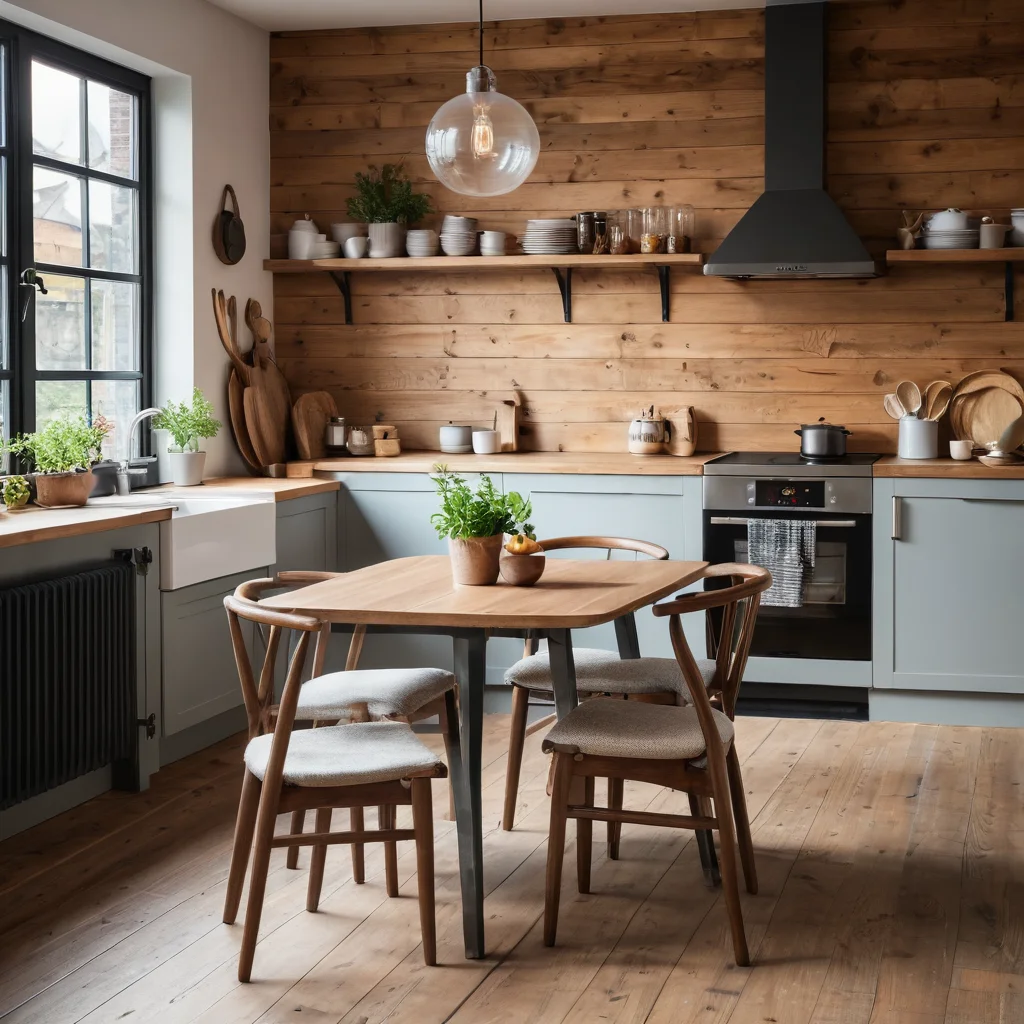 Кухня с текстурами натурального дерева, акцентами из матовой стали и мягким текстилем, передающая аутентичный шарм кофейни.