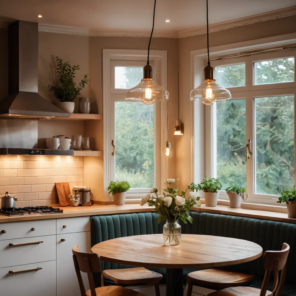 Уютный уголок кухни с мягким рассеянным освещением от подвесных ламп, создающий теплую атмосферу кофейни.