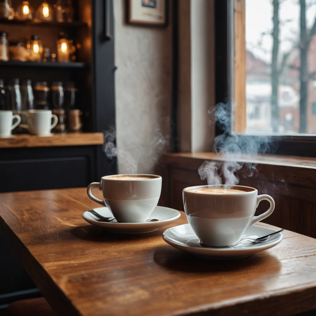 Уютная кухня, создающая атмосферу кофейни, с теплым освещением и клубами пара, поднимающимися от чашки кофе, символизирующая психологию уюта и аромата.