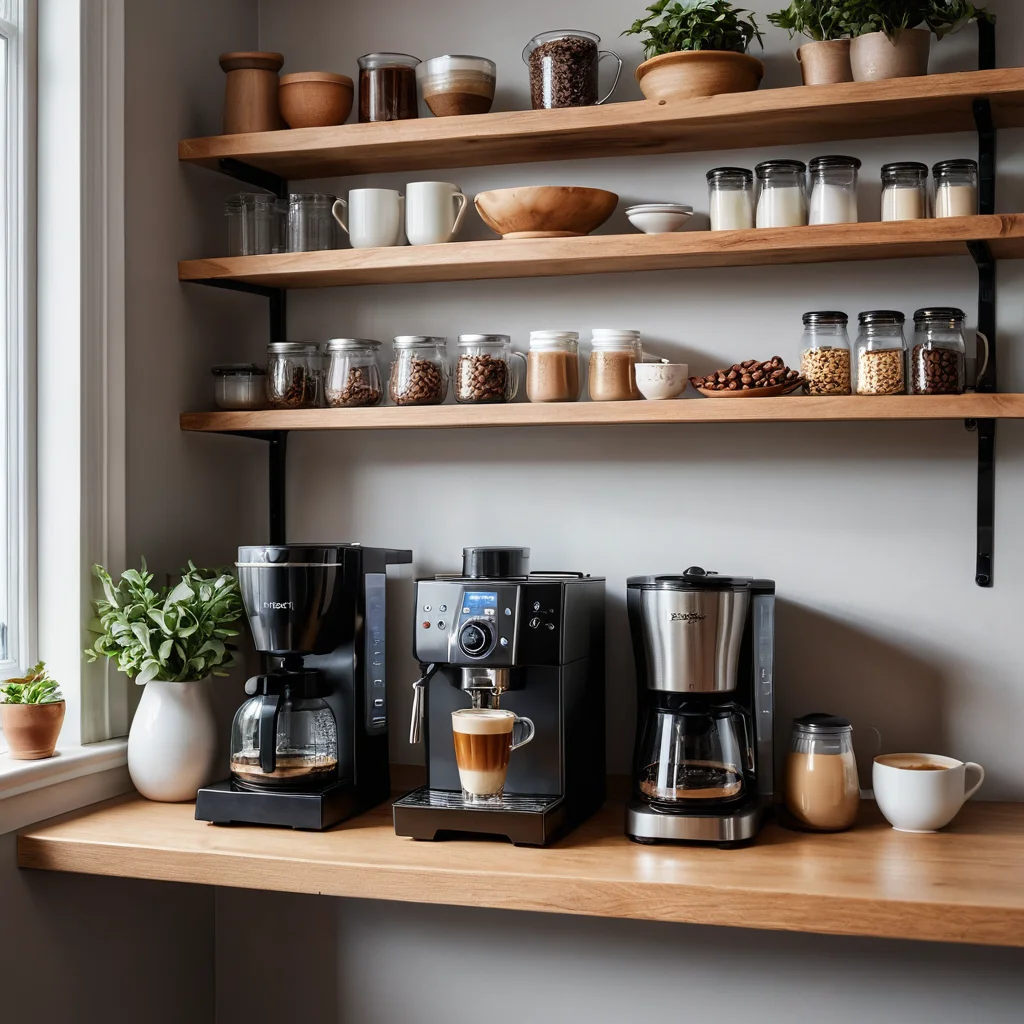 Организованный уголок домашнего бариста на кухне с кофемашиной, кофемолкой, зернами и аккуратными полками.