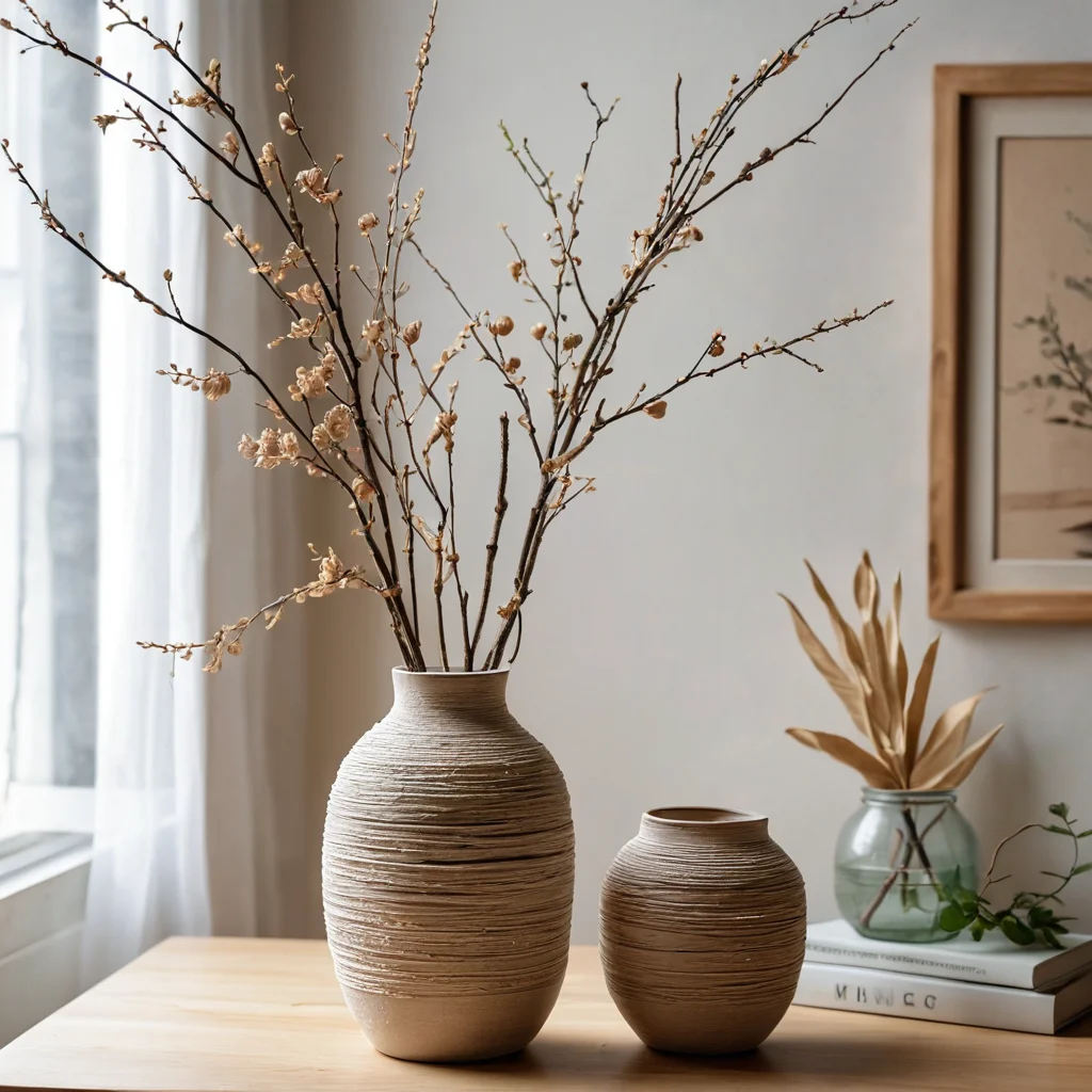 Фотография самодельной вазы из текстурной шпаклевки, украшенной натуральными элементами: веточками, листьями и бечевкой. Демонстрация лайфхаков для бюджетного декора и креативной экономии.