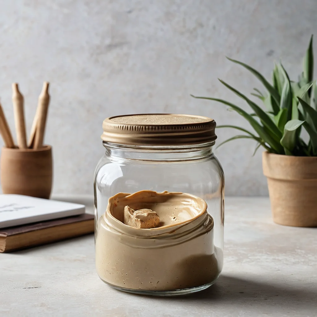 Фотореалистичное изображение пустой стеклянной банки, частично покрытой фактурной шпаклевкой, символизирующей процесс создания дизайнерской вазы своими руками. Фокус на текстуре и потенциале преображения.