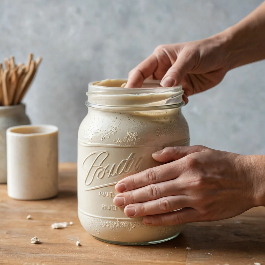 Фотография рук, аккуратно наносящих фактурную шпаклевку на стеклянную банку в процессе создания вазы. Демонстрация пошагового мастер-класса по преображению обычной банки в арт-объект.