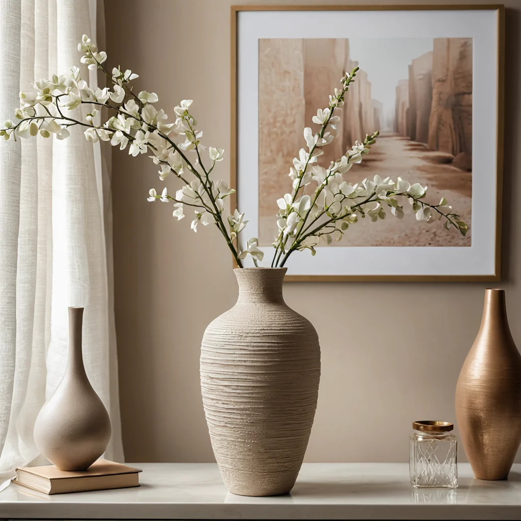 Фотография готовой дизайнерской вазы с эффектной текстурной отделкой шпаклевкой, демонстрирующая люксовый вид и элегантность. Ваза стоит в изысканном интерьере, подчеркивая профессиональный результат.