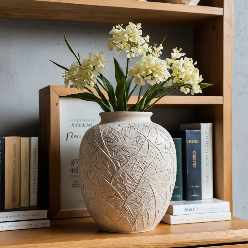 Фотография уникальной, персонализированной вазы из текстурной шпаклевки, демонстрирующая финальный этап преображения. Ваза стоит на полке, вдохновляя на создание новых DIY-проектов и показывая завершенный арт-объект.