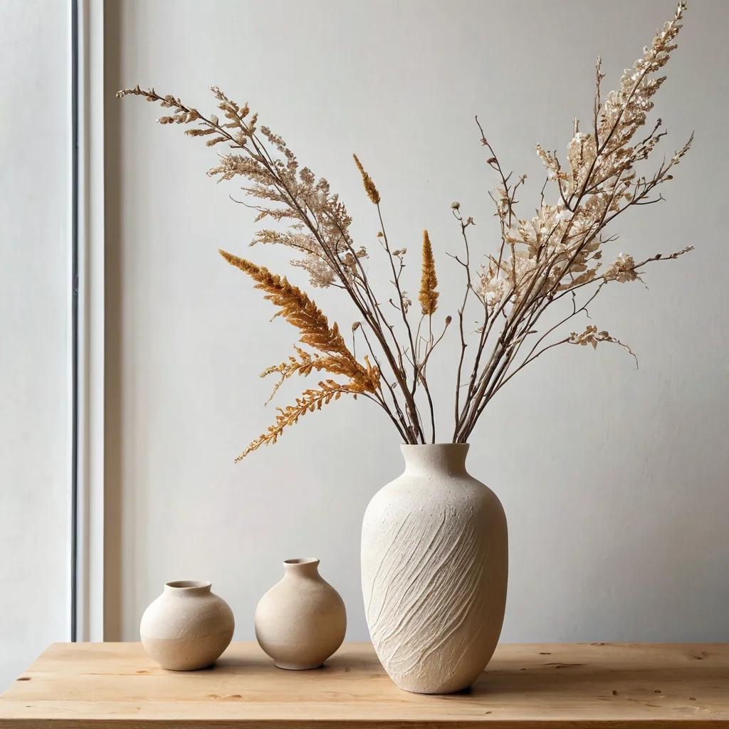 Фотография вазы из текстурной шпаклевки, интегрированной в интерьер в скандинавском стиле. Ваза украшена сухоцветами и гармонично вписывается в минималистичный и светлый декор комнаты.