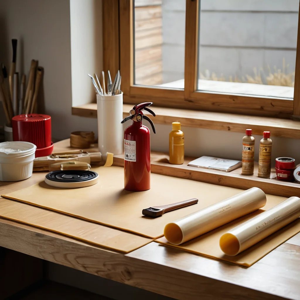 Чистое и аккуратно организованное рабочее место для изготовления свечей с защитным ковриком, сложенными листами вощины и мерами безопасности, такими как огнетушитель, на заднем плане.