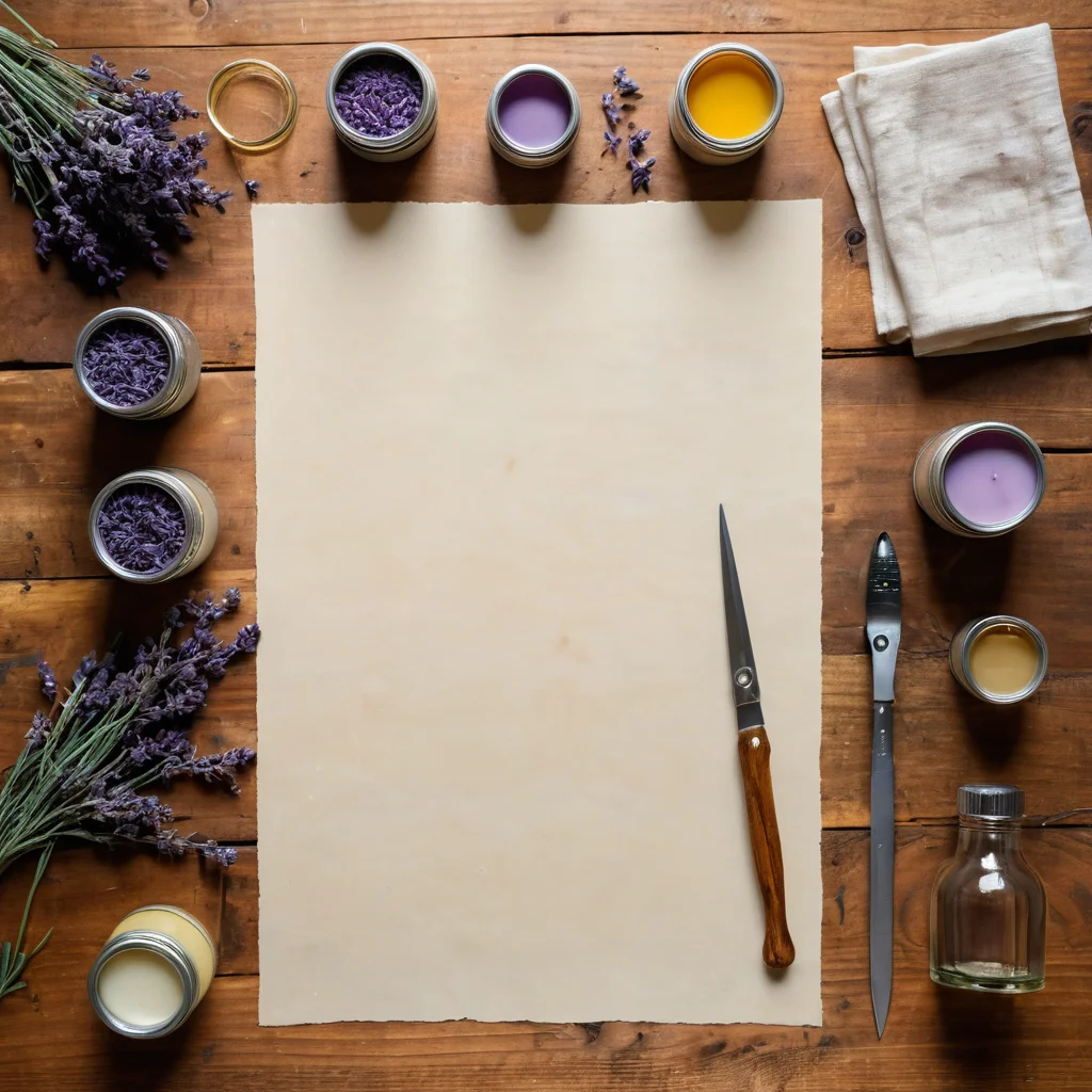 Разложенные на рабочем столе материалы и инструменты для создания свечей: листы вощины, хлопковые фитили, сухоцветы, флаконы с эфирными маслами и ножницы, готовые к использованию.