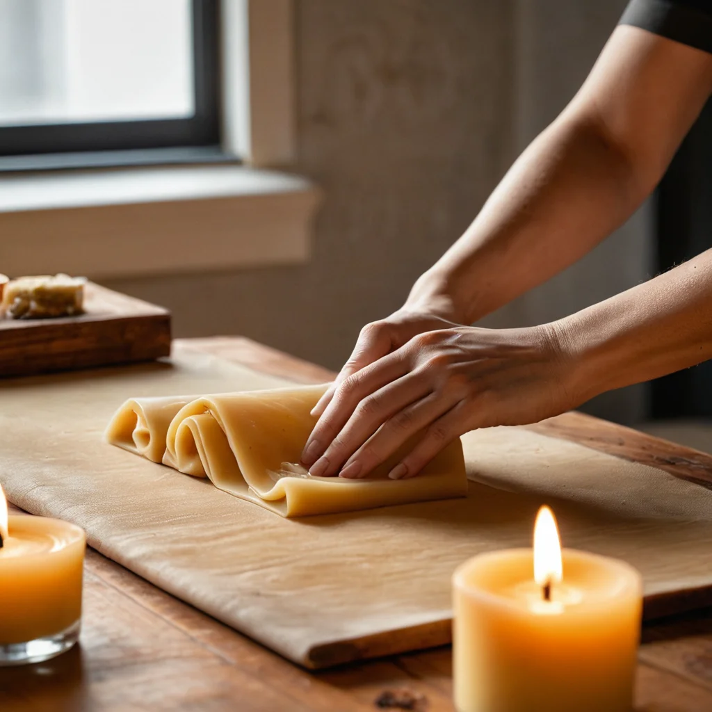 Крупный план рук, аккуратно скручивающих лист вощины вокруг фитиля, формируя классическую свечу, подчеркивая простоту и изящество процесса создания.