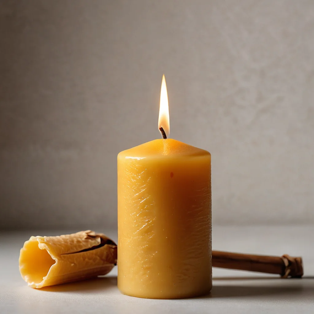 Идеально горящая свеча из вощины с ровным пламенем и правильно подрезанным фитилем, демонстрирующая профессиональный подход к финишной обработке и уходу.
