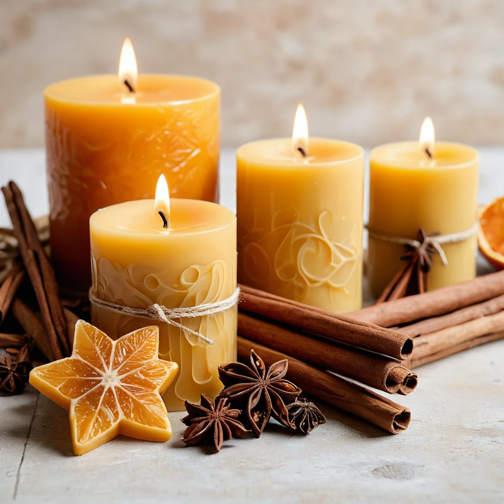 Изящно декорированные свечи из вощины разных форм и размеров, украшенные сухоцветами, апельсиновыми дольками и специями, демонстрирующие возможности ароматизации и креативного оформления.