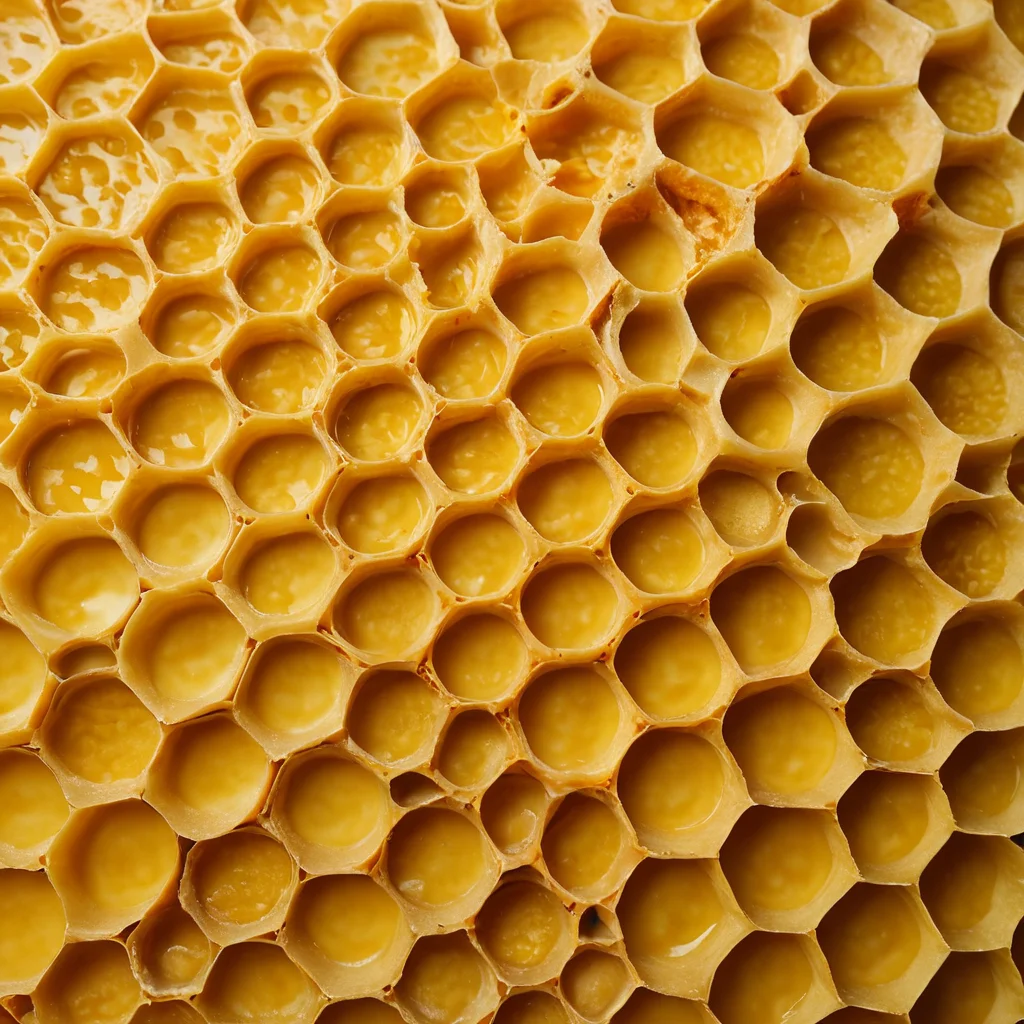 Крупный план листов вощины с выраженной сотовой текстурой и старинной свечой на деревянном фоне, демонстрирующий натуральность материала и его историю в свечном деле.