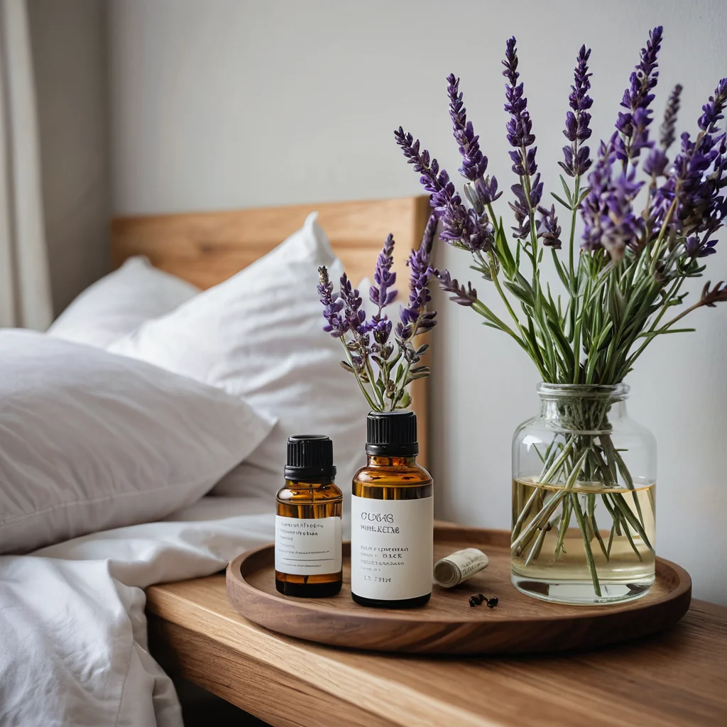 Фотореалистичная деталь спальни: аромадиффузор с эфирным маслом и веточки лаванды. Создание атмосферы ароматерапии для спокойного сна и хорошего настроения. Нежный аромат способствует полноценному отдыху.