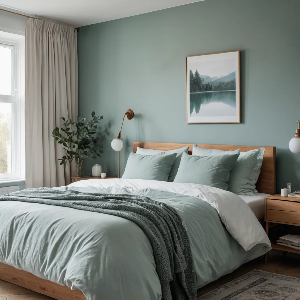 Фотореалистичная спальня, выполненная в спокойной цветовой палитре. Преобладают мягкие оттенки синего, приглушенного зеленого и нежного серого. Естественный свет, минималистичный декор, создающий безмятежную атмосферу для глубокого сна.