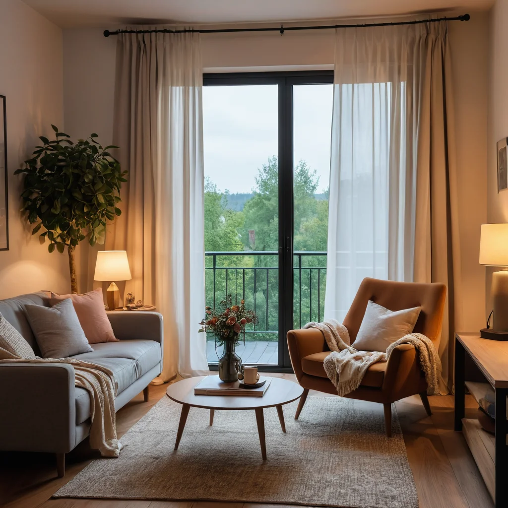 Фотореалистичная гостиная с плотными шторами, создающая эффект звукоизоляции. На журнальном столике лежат наушники для шумоподавления. Уютное кресло, мягкое вечернее освещение. Интерьер, свободный от внешнего шума, идеален для качественного отдыха.