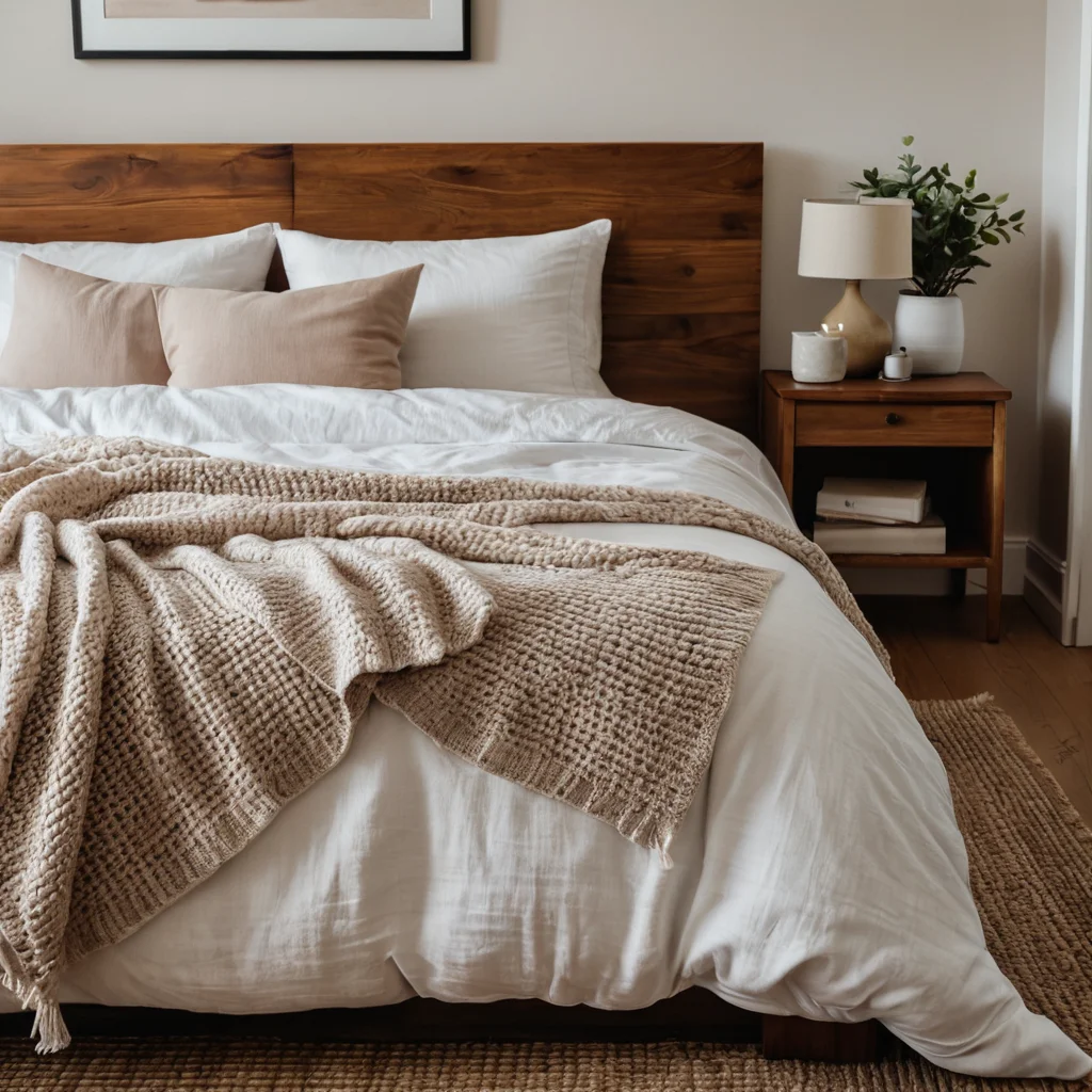 Фотореалистичный крупный план тактильных текстур в уютной спальне. Мягкое льняное постельное белье, гладкая древесина, пушистый ковер, теплый вязаный плед. Приятные на ощупь материалы способствуют глубокому расслаблению и уюту.