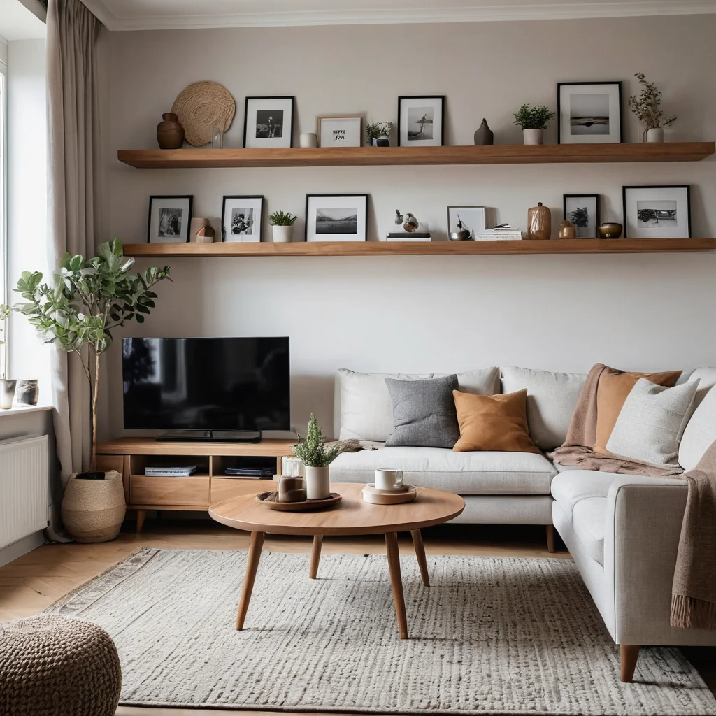 Фотореалистичная минималистичная гостиная, демонстрирующая чистоту линий и отсутствие визуального шума. Пространство освобождено от лишних предметов, организованные полки, нейтральные цвета. Создает ощущение простора и способствует ментальной ясности для отдыха.