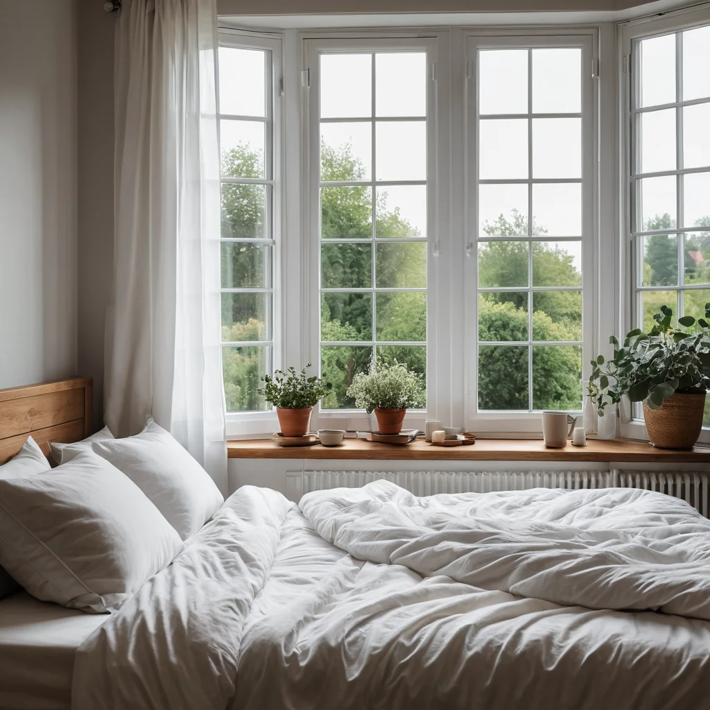 Фотореалистичная спальня в стиле минимализм, залитая мягким утренним светом. Кровать с уютным бельем, окно с видом на тихий сад. Атмосфера полного спокойствия и уединения, создающая ощущение роскошной тишины для восстановления сил.