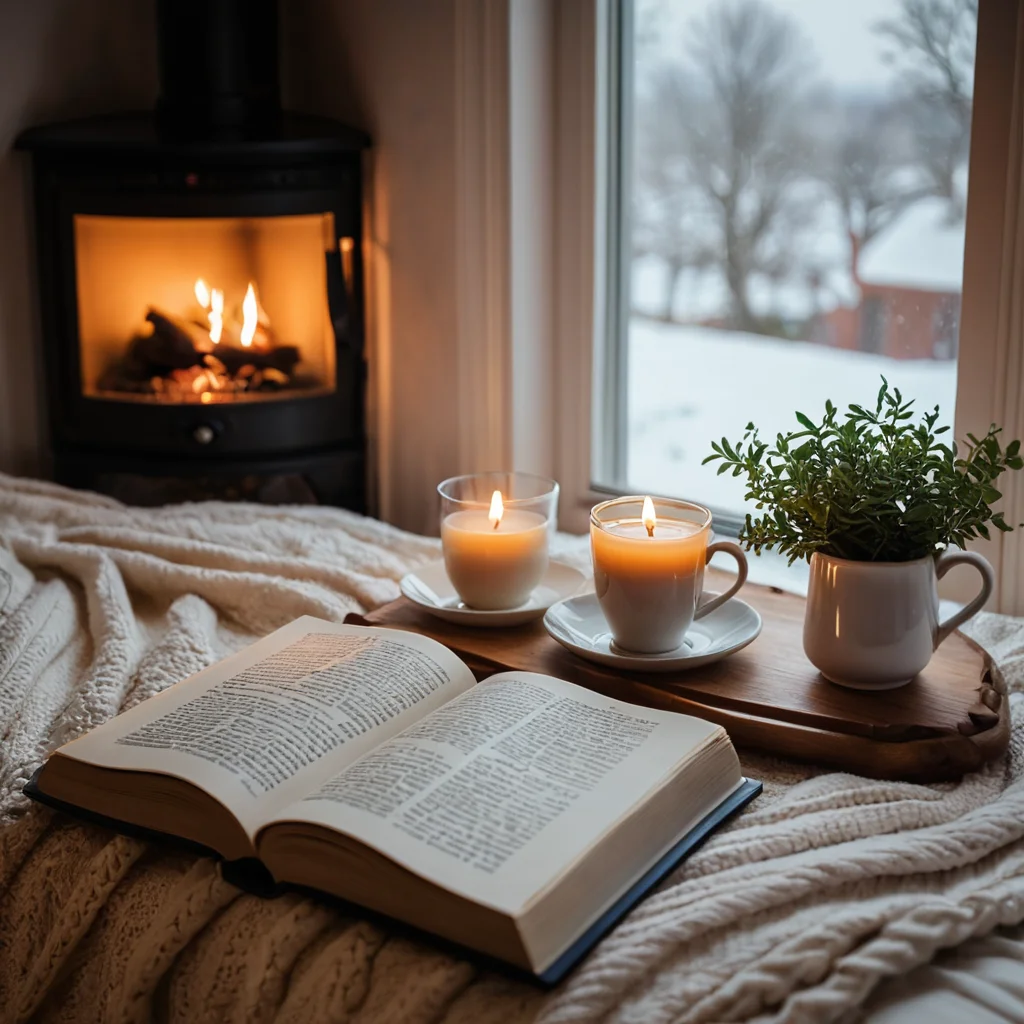 Фотореалистичный уголок для уютного ритуала: теплая чашка чая, открытая книга, мягкий плед, нежный свет свечи. Персональное пространство для ежедневного расслабления, интеграция принципов спокойствия в жизнь.