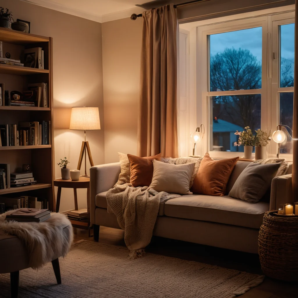 Фотореалистичная гостиная в сумерках с многоуровневым освещением. Приглушенные лампы, мягкие акцентные светильники создают теплый, уютный свет. Идеальный световой сценарий для создания умиротворяющей атмосферы и спокойного отдыха.
