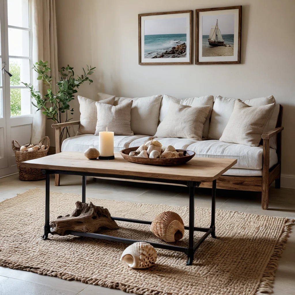 Мебель и декор в средиземноморском стиле: простой деревянный стол, диван с льняной обивкой и элементы декора с отголосками моря, такие как ракушки и коряги.