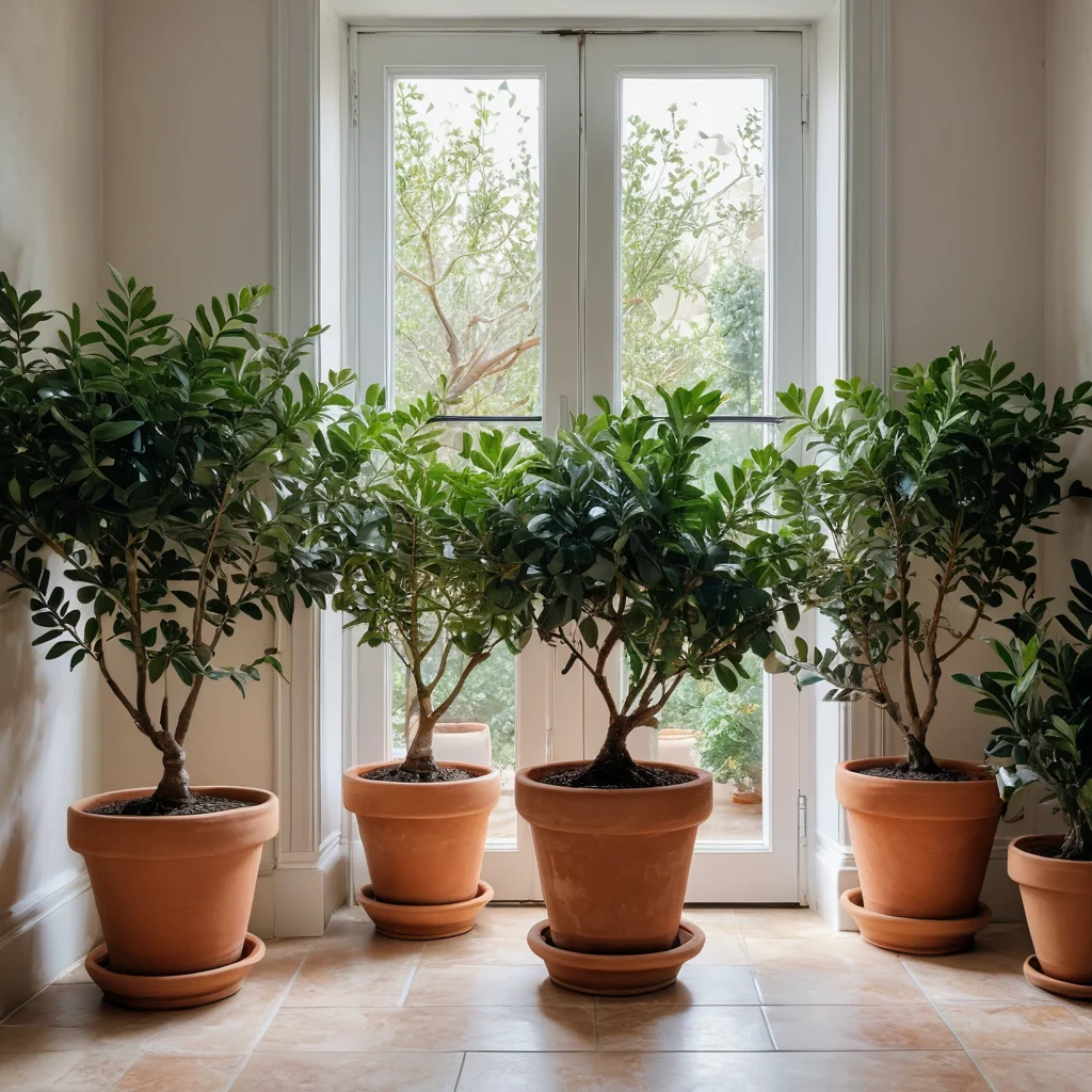 Зелень в средиземноморском доме: пышные комнатные растения в терракотовых горшках, включая оливковое дерево и бугенвиллию, приносящие свежесть и яркость.