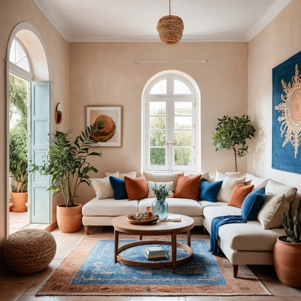 Интерьер в средиземноморском стиле с акцентами солнечных и морских оттенков: белоснежные стены, лазурно-синие элементы и терракотовые детали, создающие яркую и светлую атмосферу.