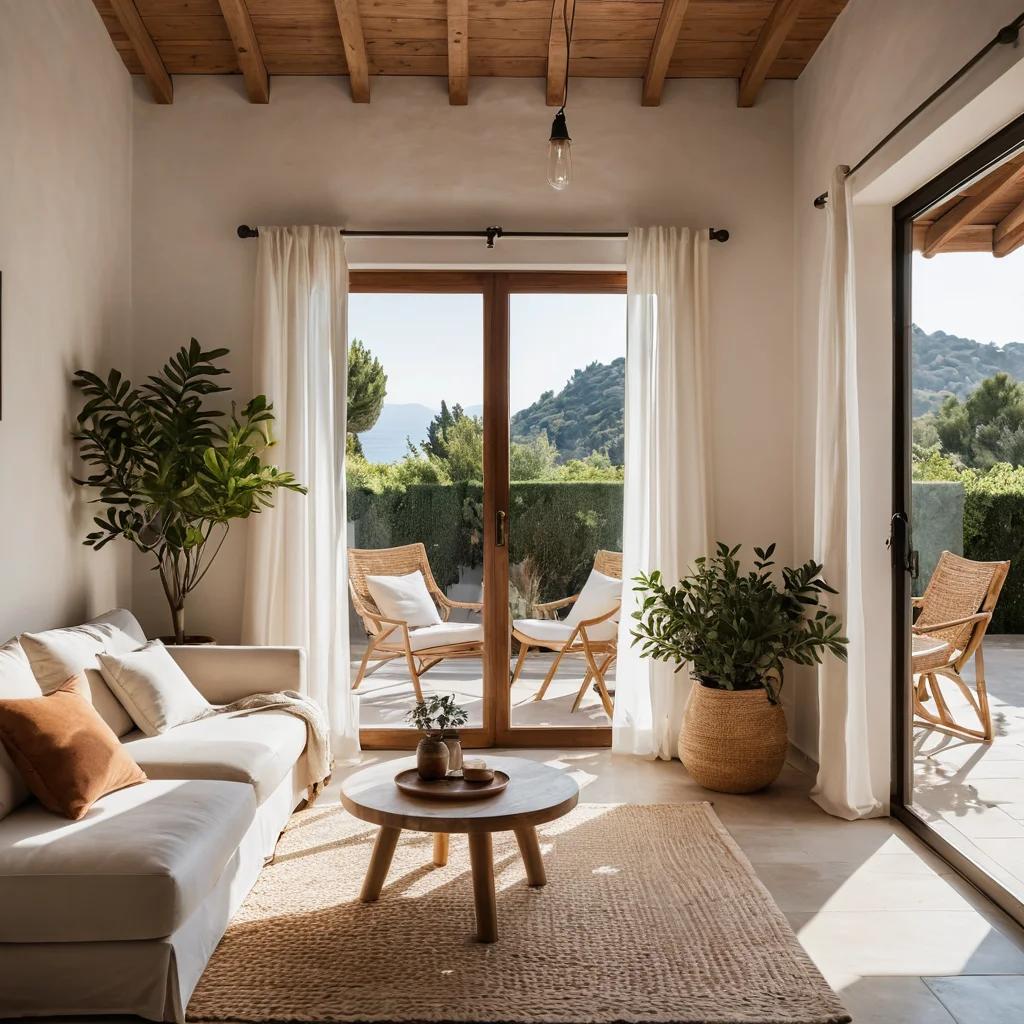 Просторная гостиная в средиземноморской вилле, залитая солнечным светом, с натуральными текстурами и расслабляющей атмосферой, олицетворяющая философию домашнего уюта.