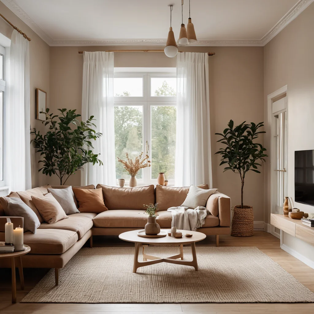 Просторная гостиная в стиле джапанди, сочетающая японский минимализм и скандинавский уют, с мягким естественным освещением и теплыми нейтральными оттенками.