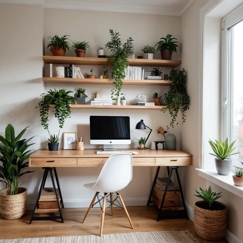 Функциональное и спокойное домашнее рабочее пространство в стиле джапанди, с минималистичным столом, обилием естественного света, растениями и аккуратными полками.