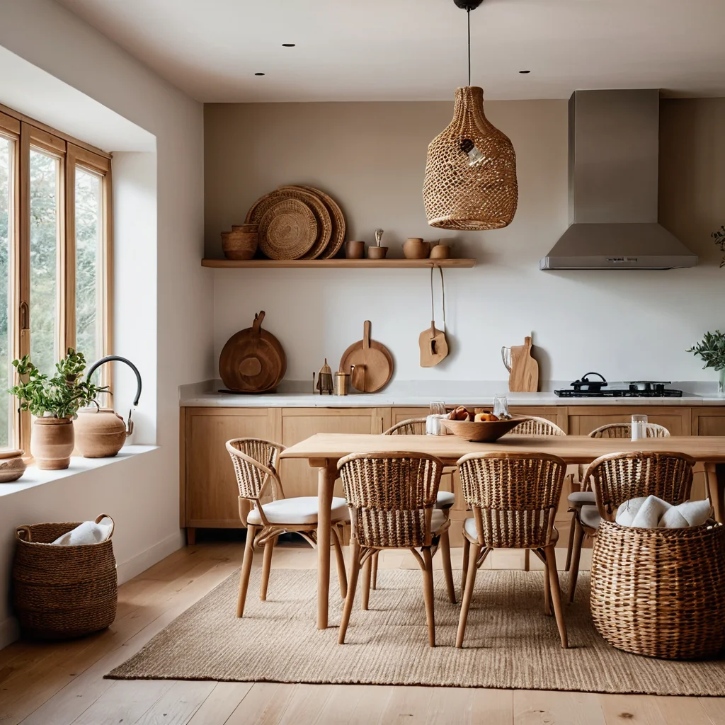 Кухня в стиле джапанди, где преобладают натуральные материалы: светлое дерево, плетение из ротанга, льняные ткани и керамика, подчеркивающие органичность пространства.