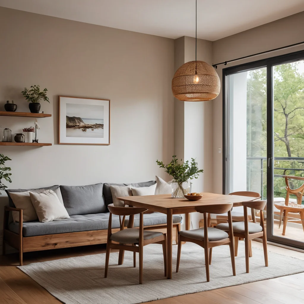 Функциональная и эстетичная обеденная зона в стиле джапанди с низким диваном и простыми деревянными стульями, демонстрирующая простоту форм.