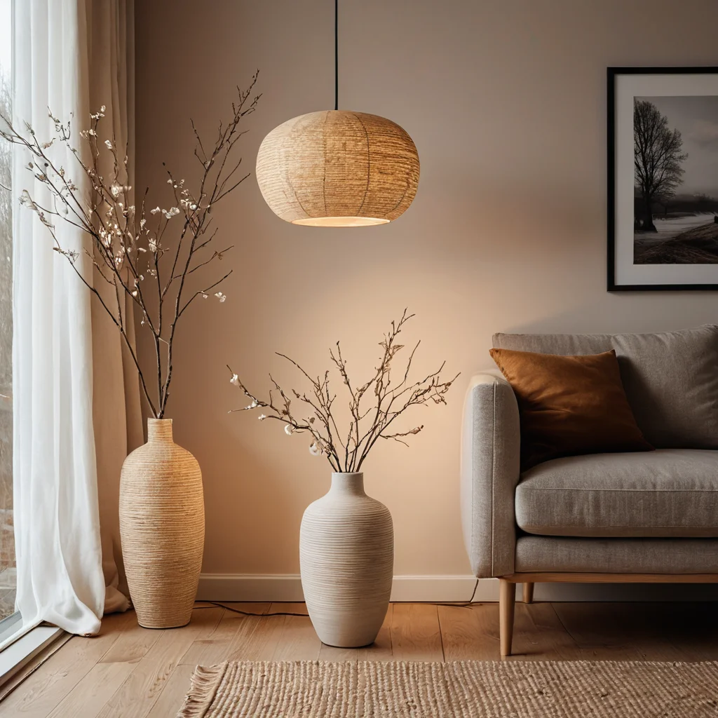 Уютная атмосфера гостиной в стиле джапанди, созданная мягким, рассеянным светом от подвесного и напольного светильников, с минималистичным декором в виде вазы с ветками.