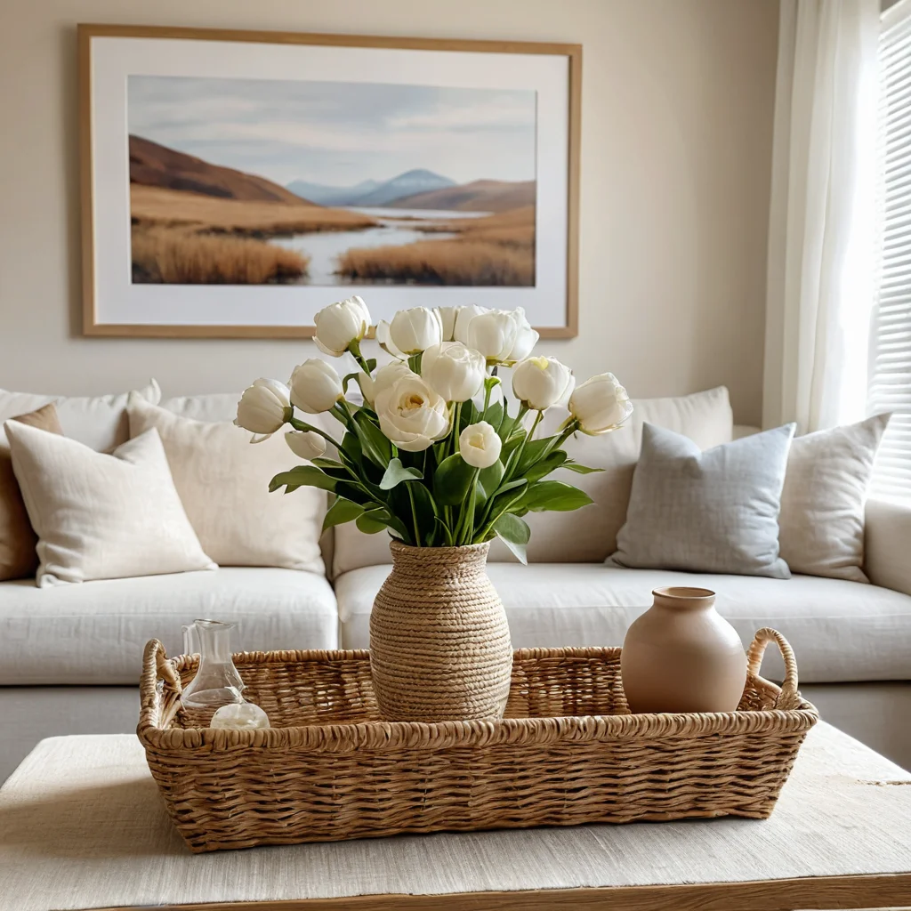 Уютная гостиная с бюджетным декором, демонстрирующая, как недорогие находки из Fix Price могут выглядеть стильно и дорого. В интерьере присутствуют элементы DIY, такие как перекрашенная ваза и оригинальная фоторамка, создающие атмосферу волшебства без переплат.