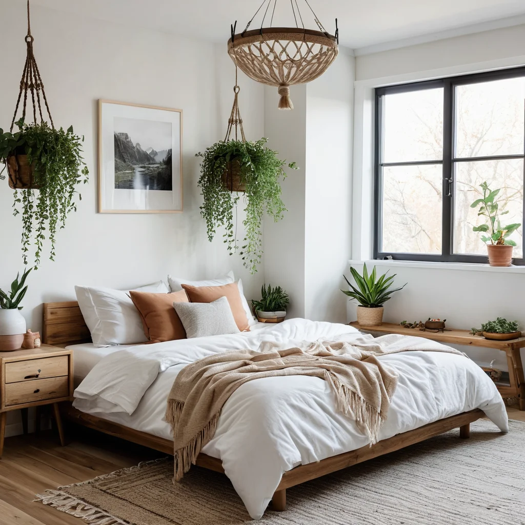Уютный уголок спальни, декорированный в скандинавском стиле с элементами бохо и минимализма, используя находки из Fix Price. Изображение иллюстрирует идеи, как декорировать различные комнаты и стили, создавая гармоничный и стильный интерьер.