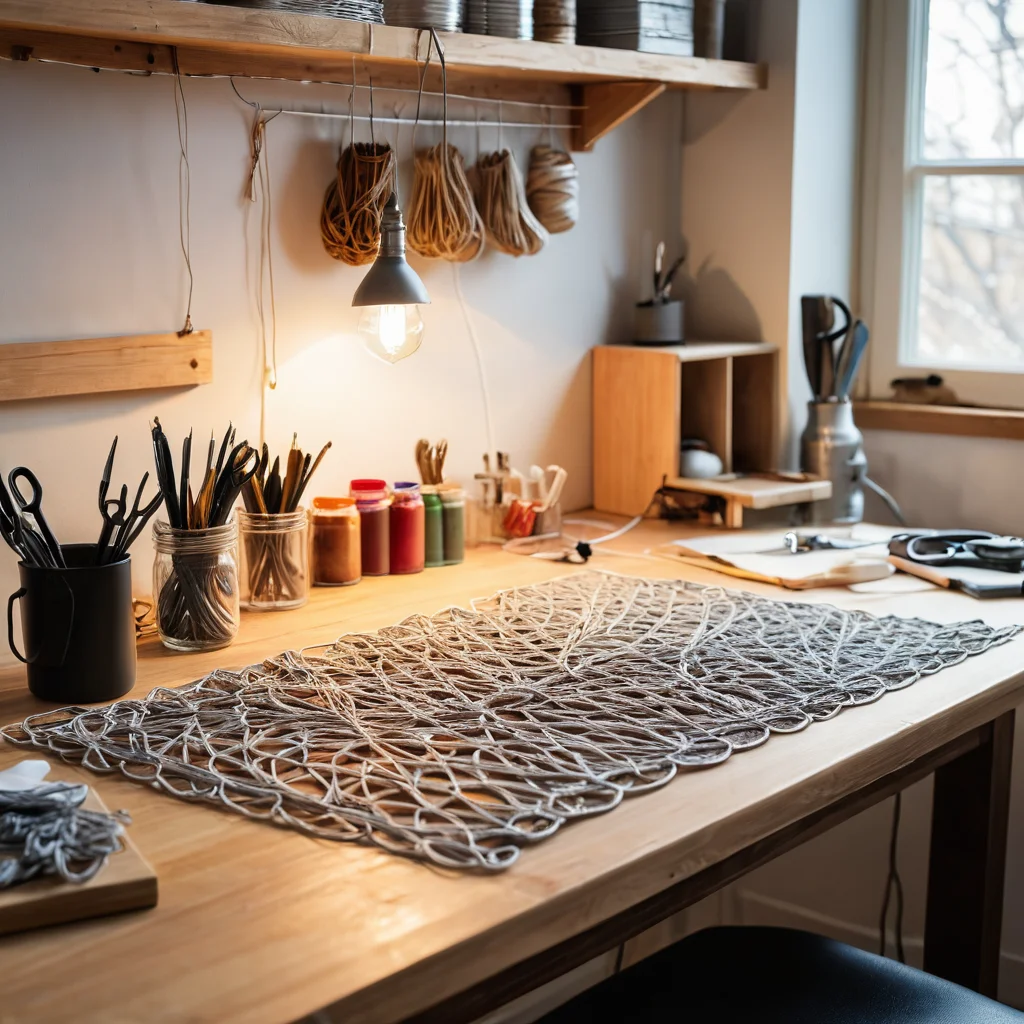 Аккуратное и хорошо освещенное рабочее пространство для занятий стринг-артом с необходимыми инструментами, защитными очками и перчатками, подчеркивающее важность техники безопасности.