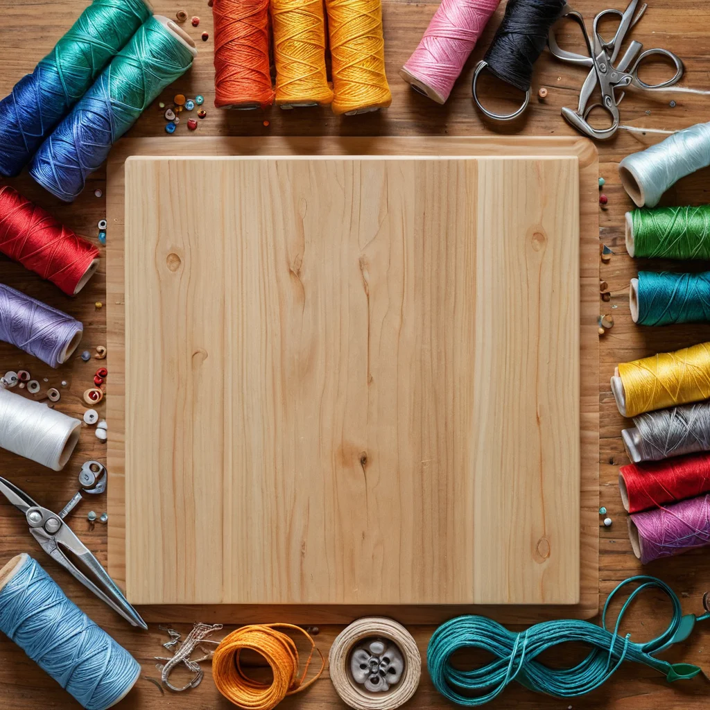 Организованная композиция материалов для стринг-арта: разноцветные нитки, деревянные основы, гвозди, молоток, шаблоны и измерительные инструменты, необходимые для создания панно.
